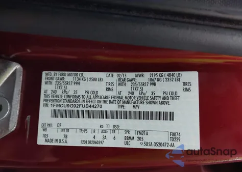 2015 Ford Escape Se z USA, uszkodzony, nr VIN 1FMCU9G92FUB44270